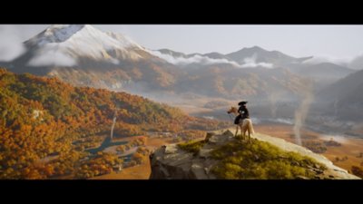 Cinematic screenshot from Ghost of Yōtei depicting Atsu overlook a dramatic, autumnal landscape.