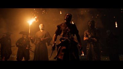Cinematic screenshot from Ghost of Yōtei depicting a number of masked Ronin warriors brandishing swords.