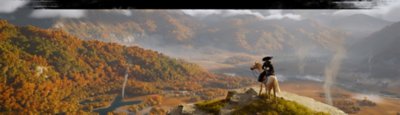 Cinematic screenshot from Ghost of Yōtei depicting Atsu overlook a dramatic, autumnal landscape.
