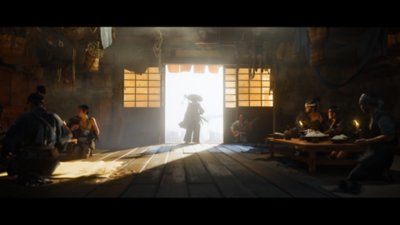 Cinematic screenshot from Ghost of Yōtei despicting Atsu silhouetted in a doorway.