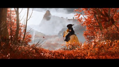 Cinematic screenshot from Ghost of Yōtei depicting Atsu riding on horseback through a red-leaved forest.