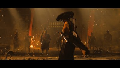 Cinematic screenshot from Ghost of Yōtei depicting Atsu in a stand-off against multiple assailants.