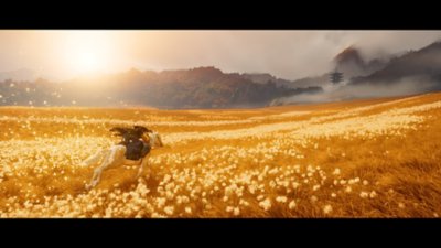 Cinematic screenshot from Ghost of Yōtei depiciting Atsu riding through a field of tall grass on horse back.