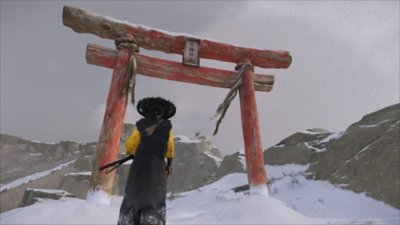 Gameplay screenshot from Ghost of Yōtei depicting a Tori gate.