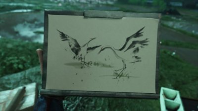 Gameplay screenshot from Ghost of Yōtei depicting Sumi-e Painting.