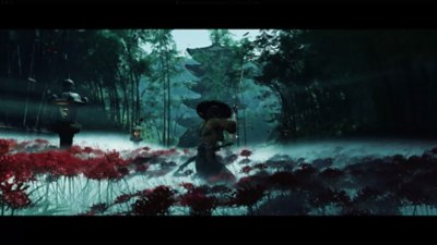 Gameplay screenshot from Ghost of Yōtei depicting Atsu stalking through a misty forest..