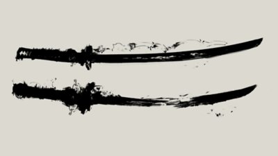 Black and white ink-style rendering of dual katana swords.