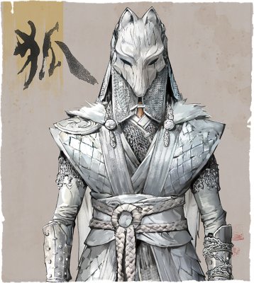 Artistic rendering of a masked ronin styled after a white fox.