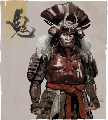 Artistic rendering of a masked ronin styled after an Japanese demon.
