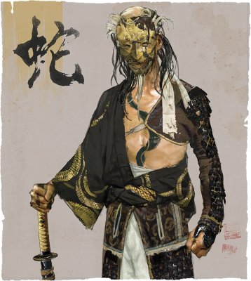 Artistic rendering of a masked ronin with an open shirt.