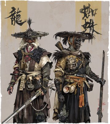 Artistic rendering of two masked ronin carrying rifles.
