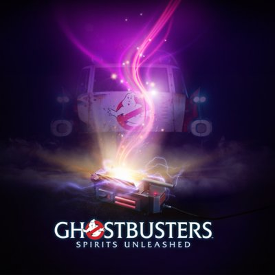 Arte promocional de Ghostbusters: Spirits Unleashed que muestra el logo de los Cazafantasmas con un rayo rosado emitido por un dispositivo. 