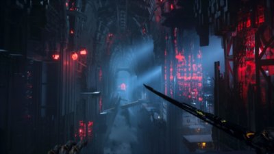 Ghostrunner 2 – Screenshot, auf dem ein dunkles Level in rotes Licht getaucht wird.
