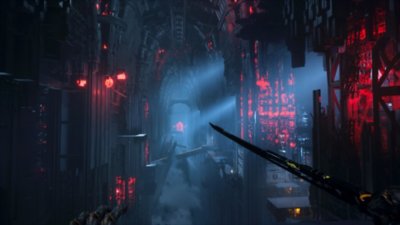 Ghostrunner 2 – знімок екрана з темним рівнем, підсвіченим червоним світлом