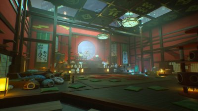 لقطة شاشة من لعبة Ghostwire: Tokyo تعرض غرفة بحوائط حمراء مع عوارض خشبية ووسائد متناثرة على الأرض 