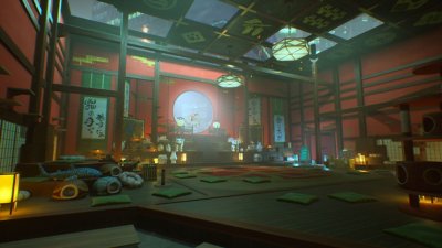 《Ghostwire: Tokyo》截屏， 显示有红色墙壁及木梁的房间里，坐垫散落在地板上。 