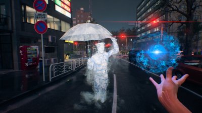 Captura de tela de Ghostwire: Tokyo mostrando uma entidade fantasmagórica feita de gelo segurando um guarda-chuva