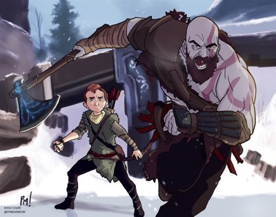 Fan-Art zu God of War – Grafik von Kratos und Atreus