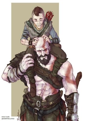 fan art de god of war: dibujo de atreus sobre el hombro de kratos