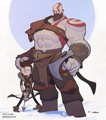 arte de fã de god of war - desenho do kratos e do atreus