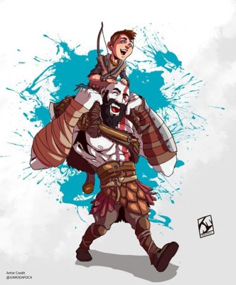 grafiki fanów god of war – animacja atreusa siedzącego na ramionach kratosa