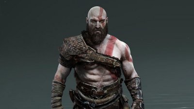 Character art for Kratos facing head on, showing his body paint and armour