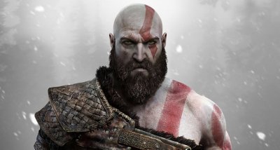 A headshot of Kratos looking straight forwards