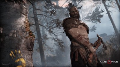 Screenshot from God of War showing Kratos holding the Leviathan Axe at his waist, preparing to strike a tree trunk.
