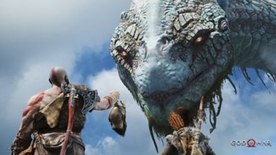 god of war pc screenshot showing Kratos and Atreus meeting the World Serpent