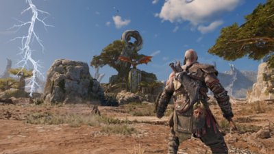 captura de tela de god of war ragnarök para pc - kratos e deserto