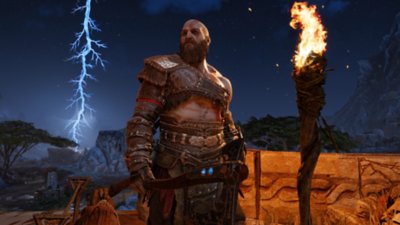 God of War Ragnarok -pc-kuvakaappaus – Kratos sytyttämässä tulta