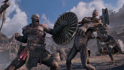 god of war ragnarok - pc-screenshot van gevechten en schild van kratos