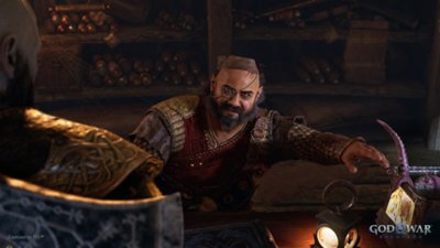 god of war screenshot - merchant with monocle