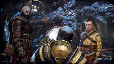 god of war screenshot - kratos, atreus and brok