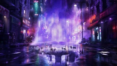 Gotham Knights – grafika pozadí s gothamskou uličkou s neonovými nápisy odrážejícími se v kalužích