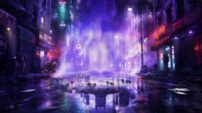 Gotham Knights umetnički prikaz pozadine sa ulicom Gotama sa neonskim znacima koji se reflektuju u baricama
