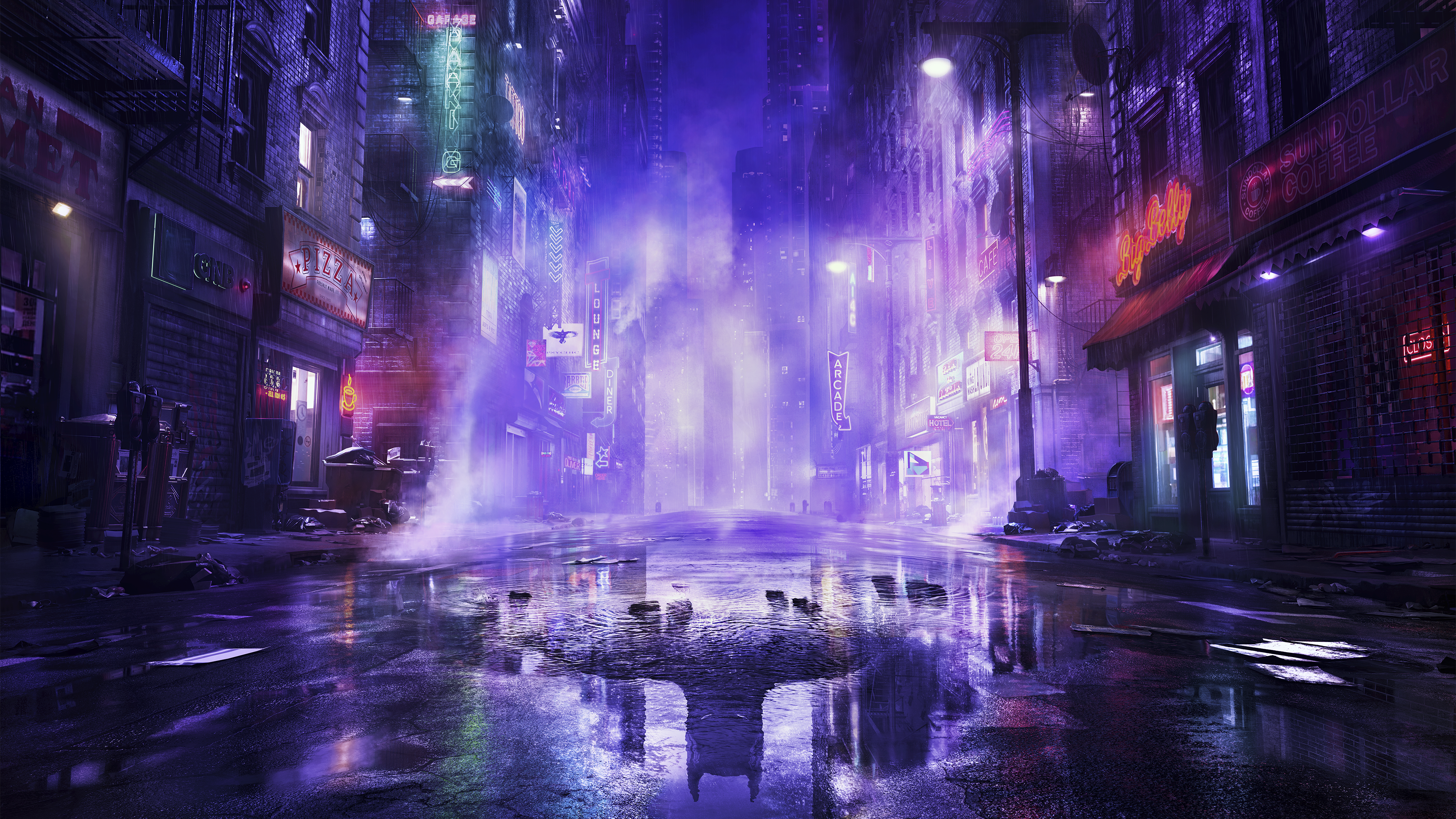 Illustrazione sfondo Gotham Knights di un vicolo di Gotham con insegne al neon che si riflettono nelle pozzanghere