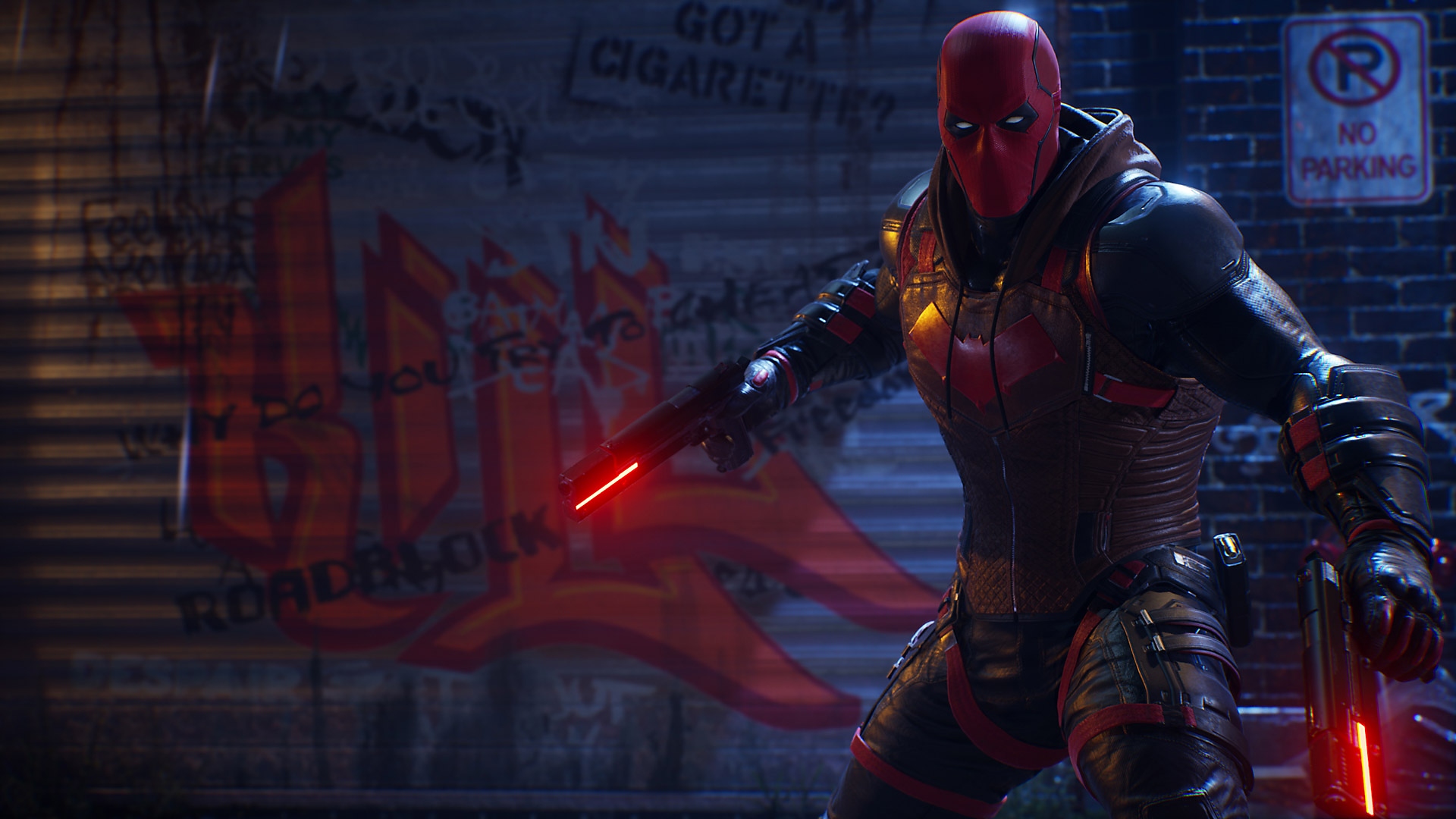 Gotham Knights – snímek obrazovky – Red Hood se zbraněmi v rukou