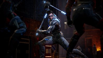 Gotham Knights screenshot - Nightwing koji vrti svoje prepoznatljive eskrima palice