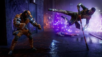 Gotham Knights snimak ekrana koji prikazuje Robina koji obavlja leteći udarac nogom uz pomoć luka