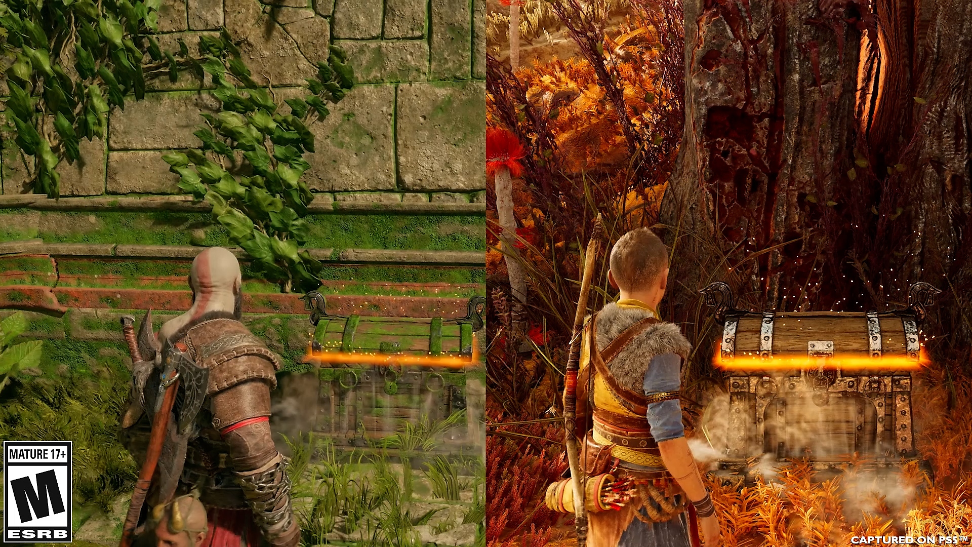 Animated comparison of Atreus and Kratos opening a chest from God of War Ragnarök.