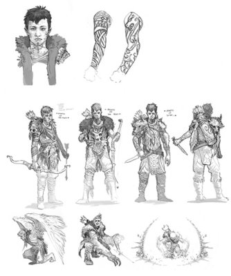 Conceptual sketches of Atreus from God of War Ragnarök.