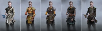 Imagini cu diferite variante de design cu Atreus din God of War Ragnarök.