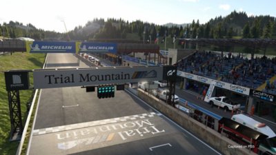 Gran Turismo 7 showing a view from the Trial Mountain track