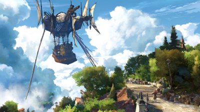 Captura de ecrã de Granblue Fantasy Relink que mostra um grande dirigível a chegar a uma aldeia no céu repleta de árvores