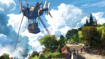 Granblue Fantasy: Relink – Screenshot, der ein großes Luftschiff zeigt, das an einem bewaldeten Himmelsdorf anlegt