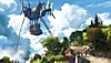 Uno screenshot di Granblue Fantasy Relink che mostra l'arrivo di un grande dirigibile in un villaggio celeste ricco di alberi