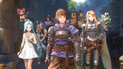 Granblue Fantasy Relink – posnetek zaslona kaže Grana, Lyrio, Vyrna, Katalino in številne druge like na kupu 