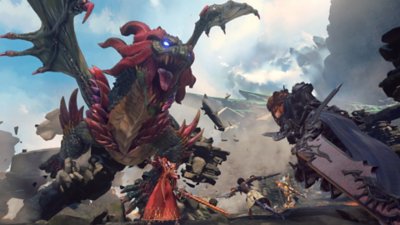 Captura de pantalla de Granblue Fantasy: Relink que muestra a un grupo de cuatro personajes peleando contra un enemigo dragón gigantesco