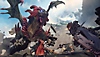 Skjermbilde fra Granblue Fantasy Relink som viser en gruppe på fire figurer som kjemper mot en gigantisk drage